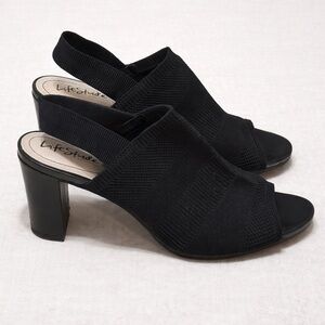 ✨ Slingback Peep Toe Pumps Black Stretch Knit Heels Size 8